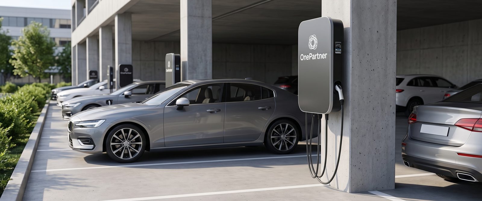 Punto de recarga de vehículo eléctrico One Partner en el aparcamiento de una empresa